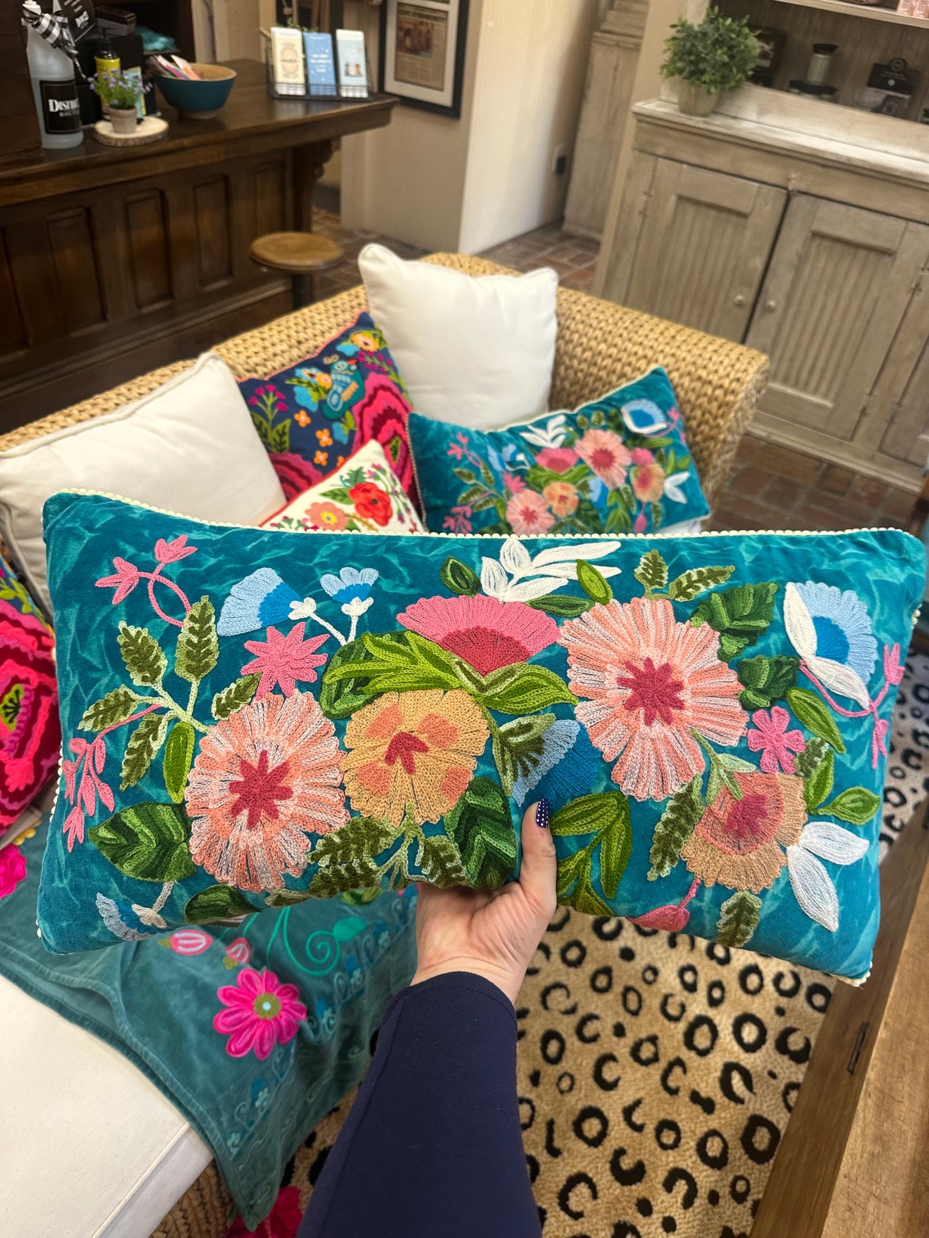 Rectangle Throw Pillow Teal Pink Floral - Main Image